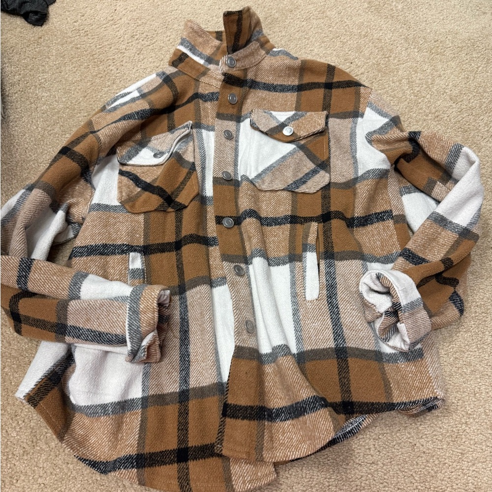 Amazon Women's Plaid Button-Up Shirt - Brown and White